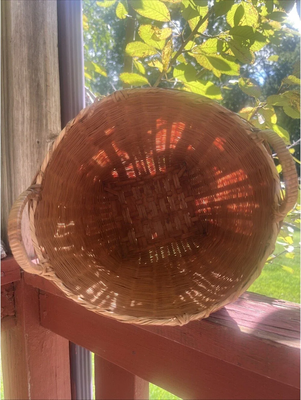 Vintage Woven Wicker Gathering Basket with Side Handles Rustic Farmhouse Decor